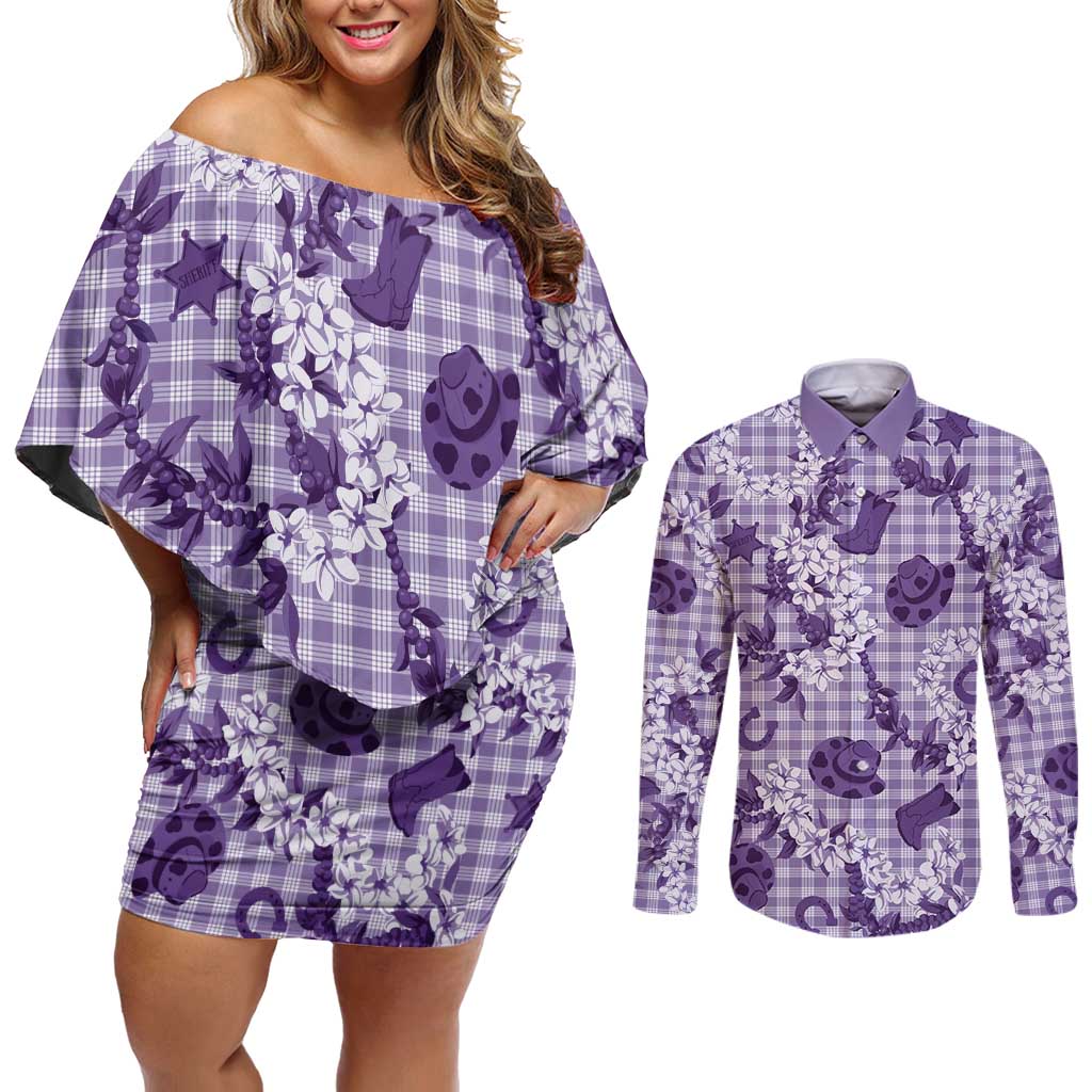 Mokihana Maile Ilima Leis Paniolo Palaka Couples Matching Off Shoulder Short Dress and Long Sleeve Button Shirt Hawaiian Poni Spirit LT9 Purple - Polynesian Pride