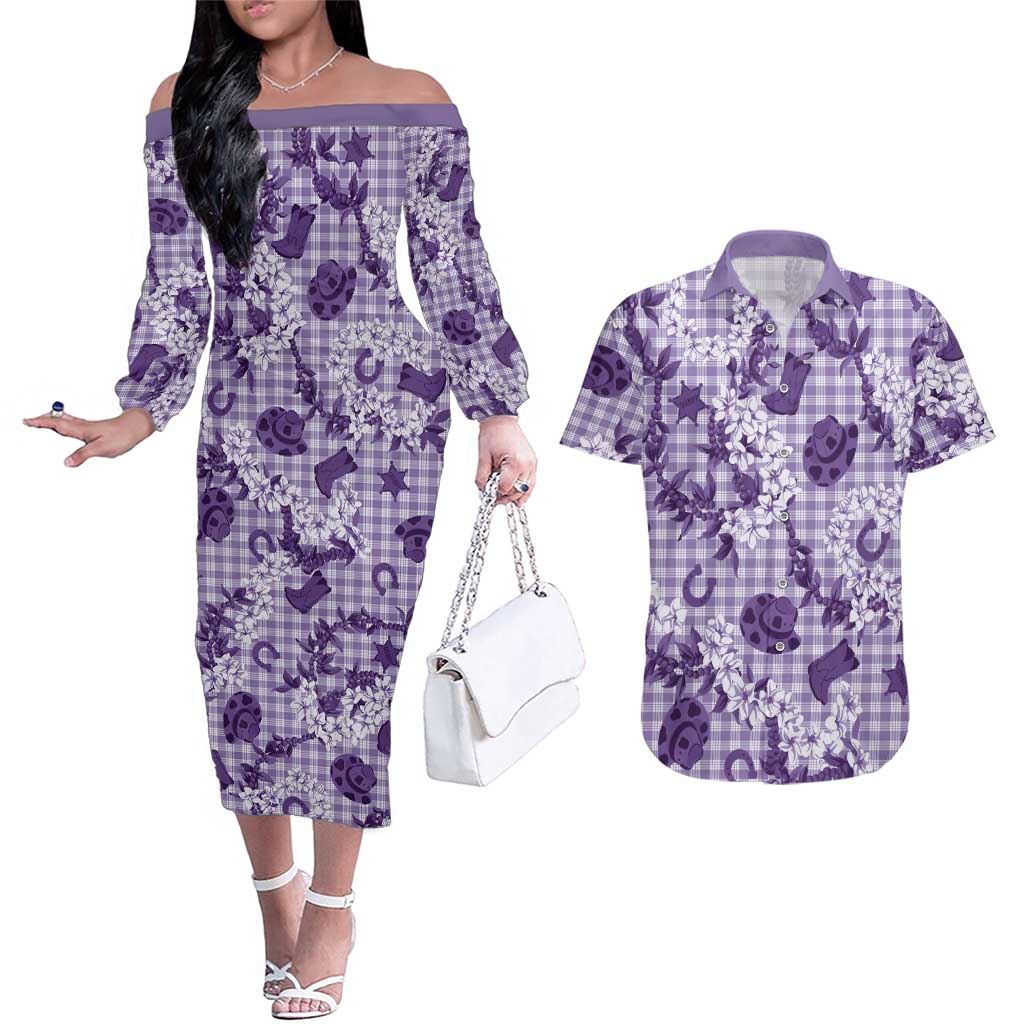 Mokihana Maile Ilima Leis Paniolo Palaka Couples Matching Off The Shoulder Long Sleeve Dress and Hawaiian Shirt Hawaiian Poni Spirit LT9 Purple - Polynesian Pride