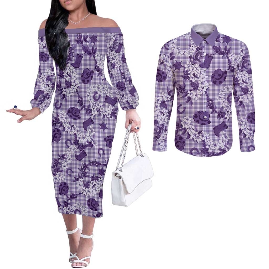Mokihana Maile Ilima Leis Paniolo Palaka Couples Matching Off The Shoulder Long Sleeve Dress and Long Sleeve Button Shirt Hawaiian Poni Spirit LT9 Purple - Polynesian Pride