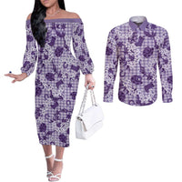 Mokihana Maile Ilima Leis Paniolo Palaka Couples Matching Off The Shoulder Long Sleeve Dress and Long Sleeve Button Shirt Hawaiian Poni Spirit LT9 Purple - Polynesian Pride