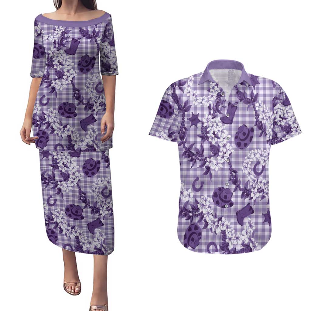 Mokihana Maile Ilima Leis Paniolo Palaka Couples Matching Puletasi and Hawaiian Shirt Hawaiian Poni Spirit LT9 Purple - Polynesian Pride