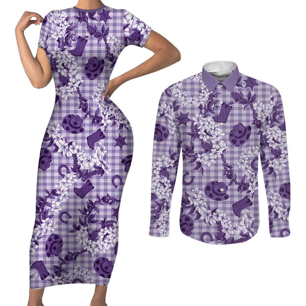 Mokihana Maile Ilima Leis Paniolo Palaka Couples Matching Short Sleeve Bodycon Dress and Long Sleeve Button Shirt Hawaiian Poni Spirit - Polynesian Pride