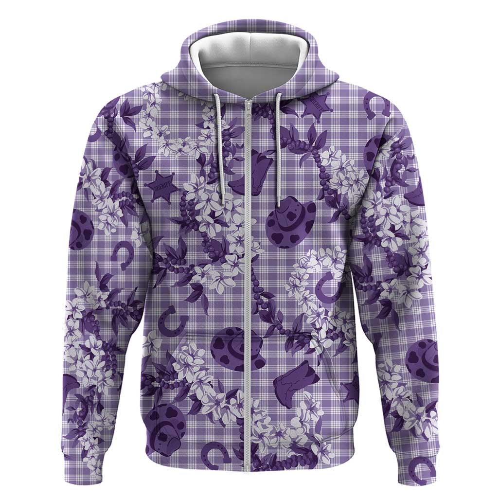 Mokihana Maile Ilima Leis - Paniolo Palaka Hoodie - Hawaiian Poni Spirit LT9 Zip Hoodie Purple - Polynesian Pride