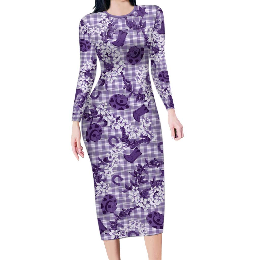 Mokihana Maile Ilima Leis Paniolo Palaka Long Sleeve Bodycon Dress Hawaiian Poni Spirit LT9 Long Dress Purple - Polynesian Pride
