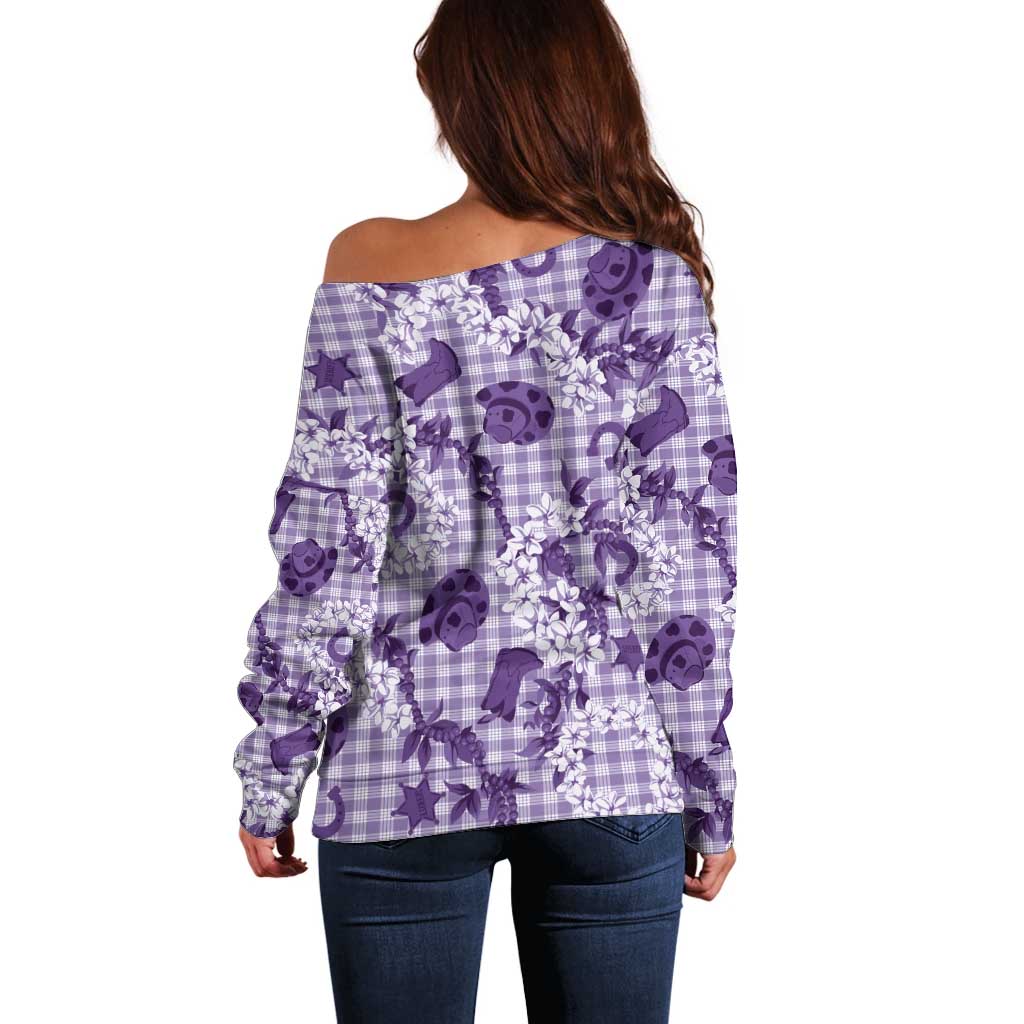 Mokihana Maile Ilima Leis Paniolo Palaka Off Shoulder Sweater Hawaiian Poni Spirit - Polynesian Pride