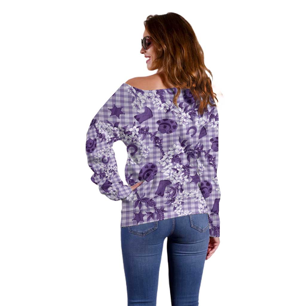 Mokihana Maile Ilima Leis Paniolo Palaka Off Shoulder Sweater Hawaiian Poni Spirit - Polynesian Pride