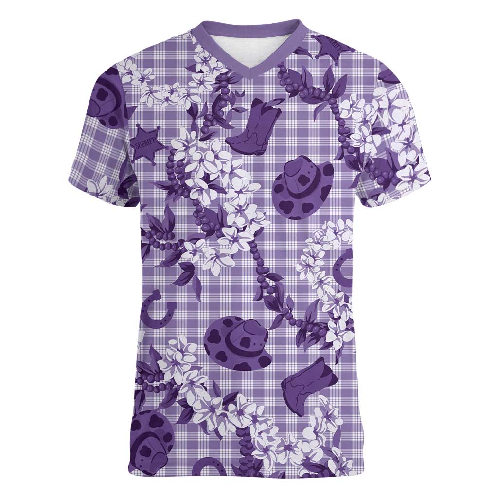 Mokihana Maile Ilima Leis Paniolo Palaka Women V-Neck T-Shirt Hawaiian Poni Spirit - Polynesian Pride