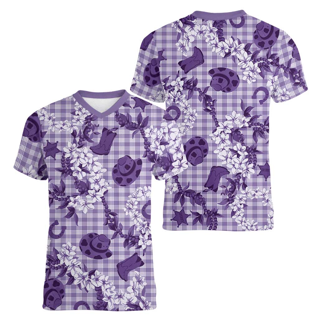 Mokihana Maile Ilima Leis Paniolo Palaka Women V-Neck T-Shirt Hawaiian Poni Spirit LT9 - Polynesian Pride