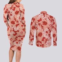 Mokihana Maile Ilima Leis Paniolo Palaka Couples Matching Long Sleeve Bodycon Dress and Long Sleeve Button Shirt Hawaiian Ulaula Spirit LT9 - Polynesian Pride