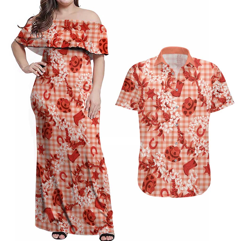 Mokihana Maile Ilima Leis Paniolo Palaka Couples Matching Off Shoulder Maxi Dress and Hawaiian Shirt Hawaiian Ulaula Spirit - Polynesian Pride