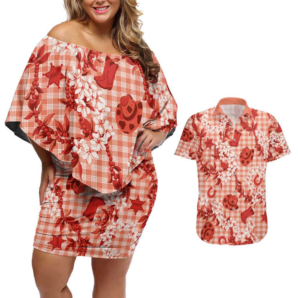 Mokihana Maile Ilima Leis Paniolo Palaka Couples Matching Off Shoulder Short Dress and Hawaiian Shirt Hawaiian Ulaula Spirit - Polynesian Pride