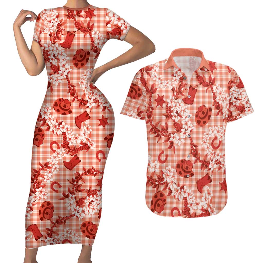 Mokihana Maile Ilima Leis Paniolo Palaka Couples Matching Short Sleeve Bodycon Dress and Hawaiian Shirt Hawaiian Ulaula Spirit LT9 Red - Polynesian Pride