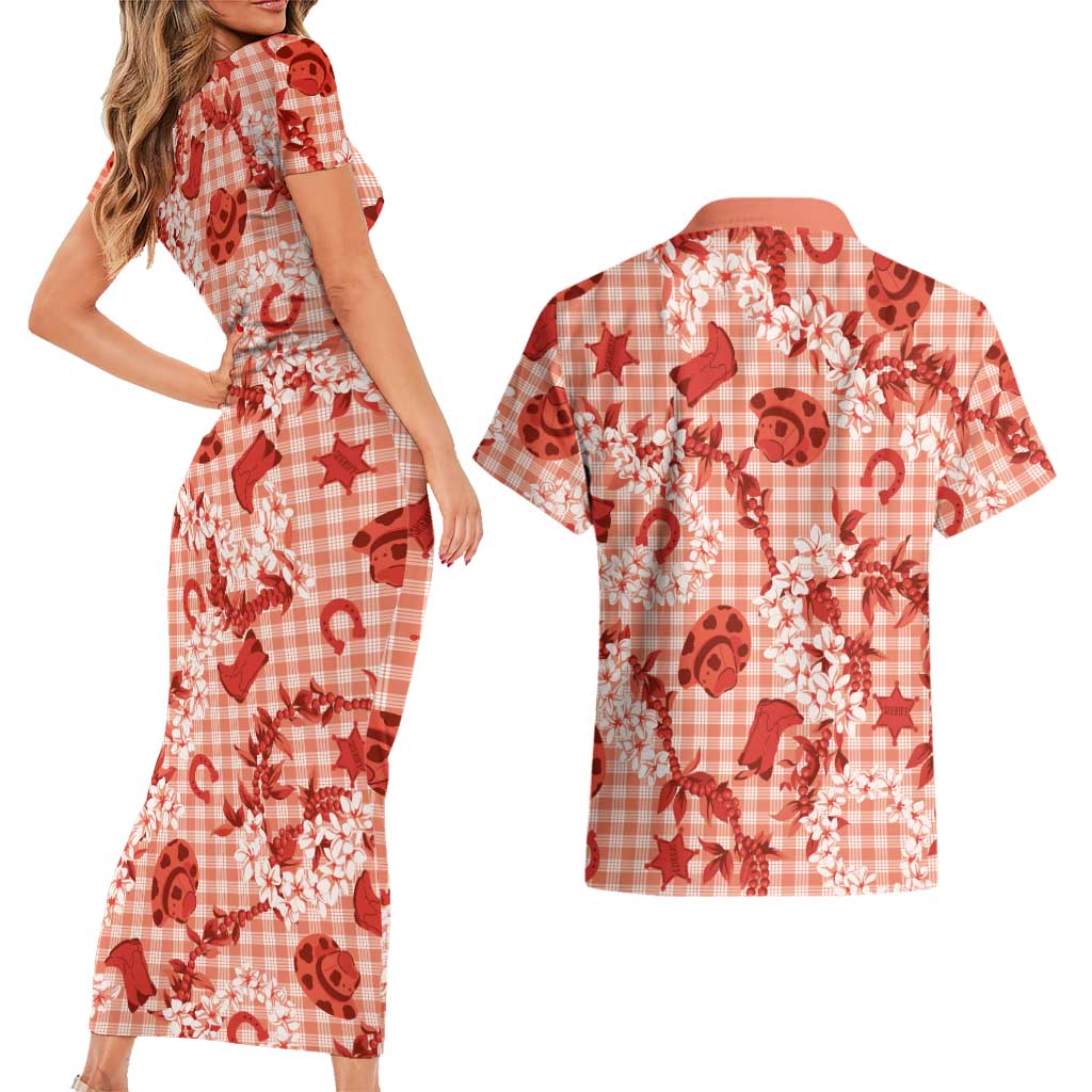 Mokihana Maile Ilima Leis Paniolo Palaka Couples Matching Short Sleeve Bodycon Dress and Hawaiian Shirt Hawaiian Ulaula Spirit LT9 - Polynesian Pride