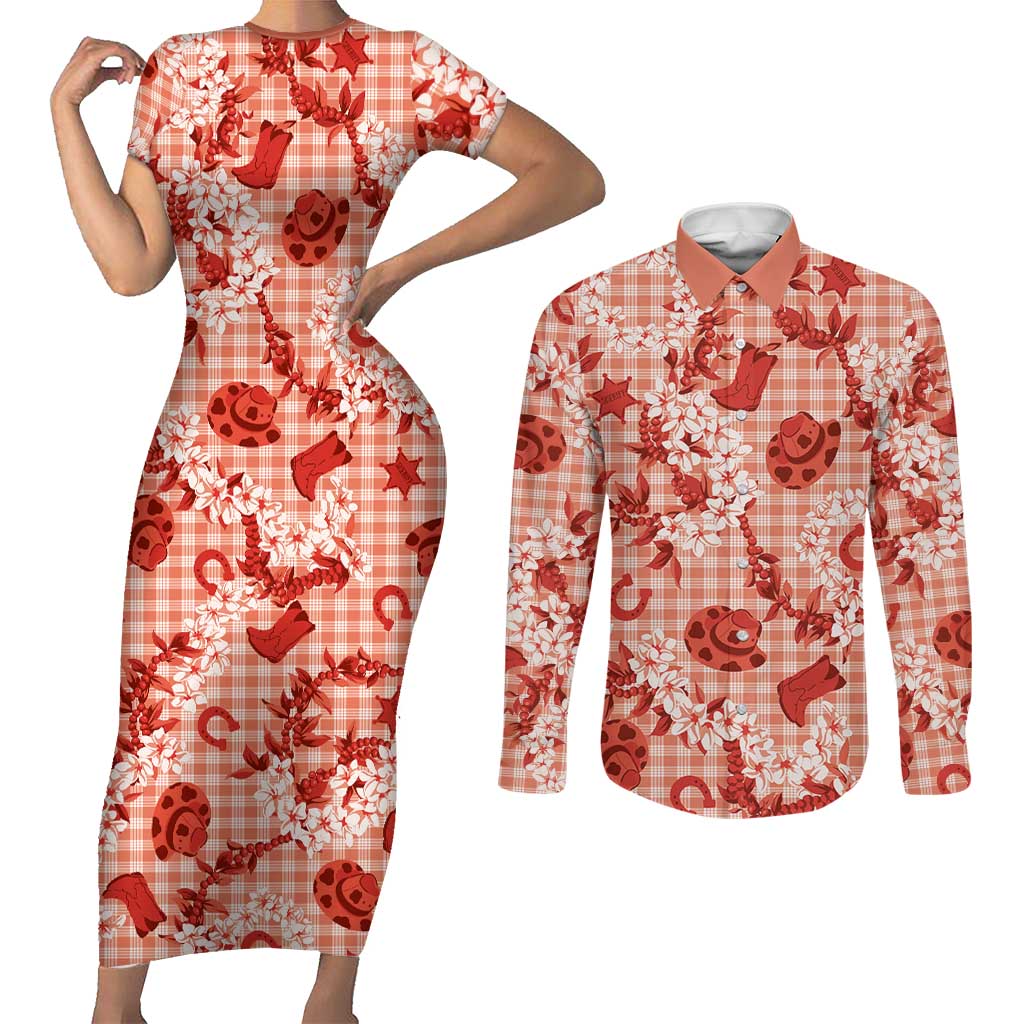 Mokihana Maile Ilima Leis Paniolo Palaka Couples Matching Short Sleeve Bodycon Dress and Long Sleeve Button Shirt Hawaiian Ulaula Spirit LT9 Red - Polynesian Pride