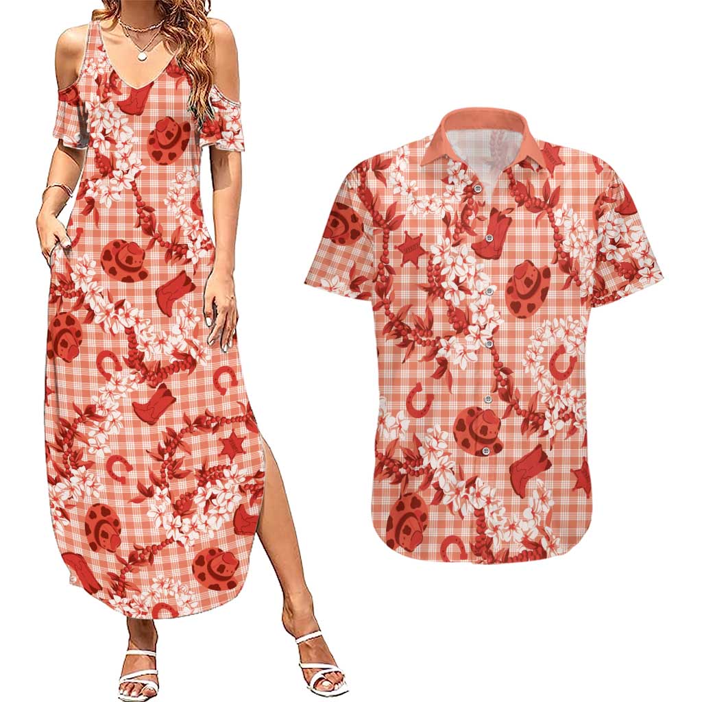 Mokihana Maile Ilima Leis Paniolo Palaka Couples Matching Summer Maxi Dress and Hawaiian Shirt Hawaiian Ulaula Spirit LT9 Red - Polynesian Pride