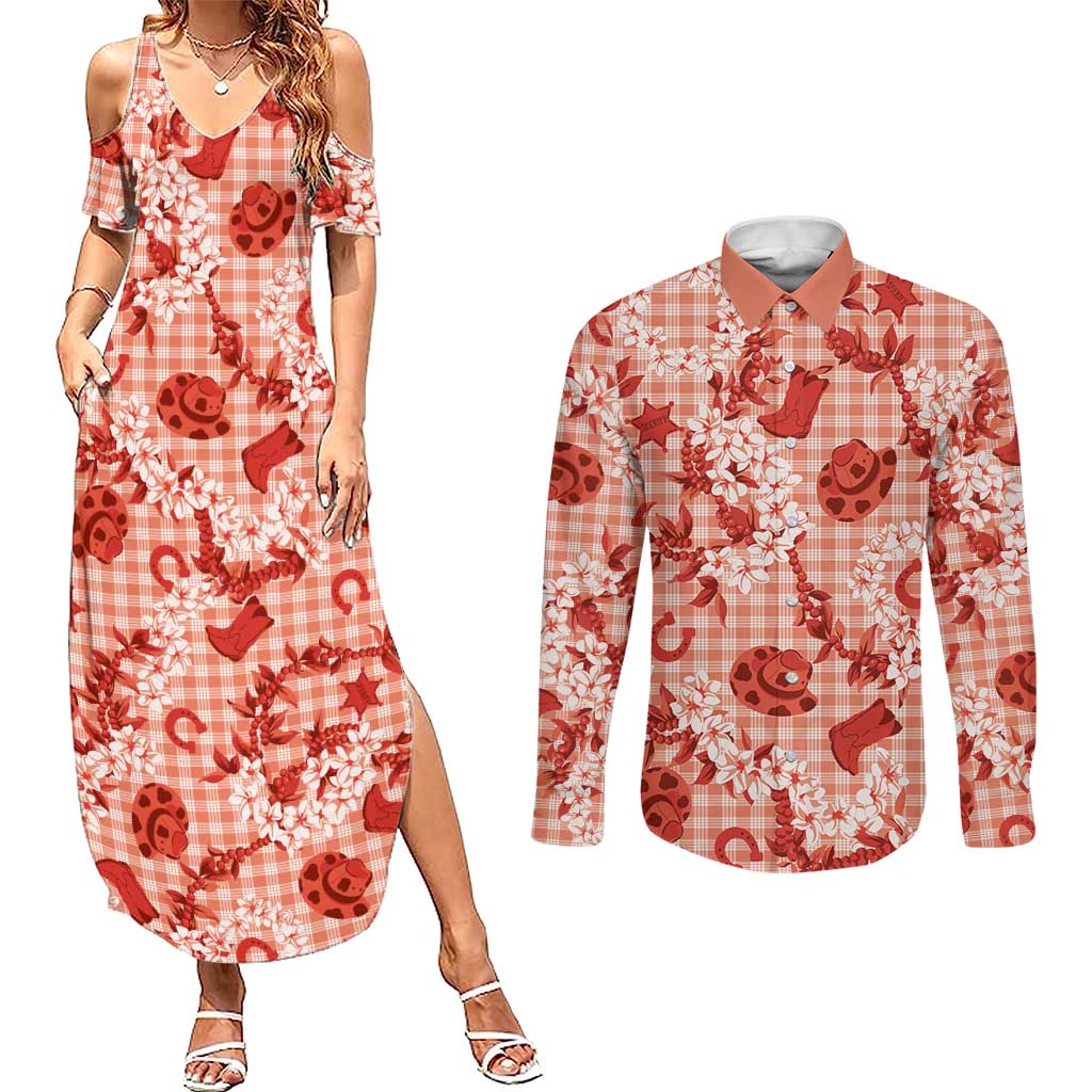 Mokihana Maile Ilima Leis Paniolo Palaka Couples Matching Summer Maxi Dress and Long Sleeve Button Shirt Hawaiian Ulaula Spirit - Polynesian Pride