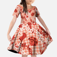 Mokihana Maile Ilima Leis Paniolo Palaka Family Matching Off The Shoulder Long Sleeve Dress and Hawaiian Shirt Hawaiian Ulaula Spirit LT9 Daughter's Dress Red - Polynesian Pride
