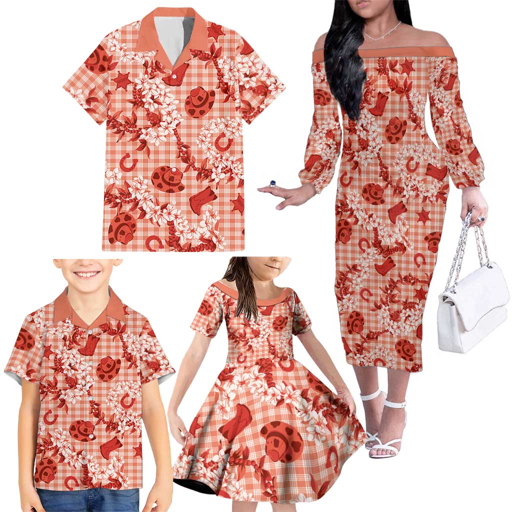 Mokihana Maile Ilima Leis Paniolo Palaka Family Matching Off The Shoulder Long Sleeve Dress and Hawaiian Shirt Hawaiian Ulaula Spirit LT9 - Polynesian Pride