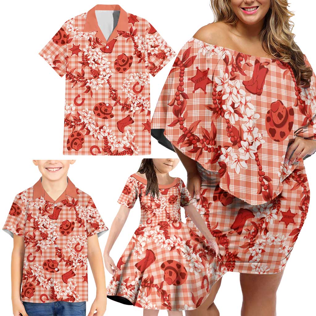 Mokihana Maile Ilima Leis Paniolo Palaka Family Matching Off Shoulder Short Dress and Hawaiian Shirt Hawaiian Ulaula Spirit LT9 - Polynesian Pride