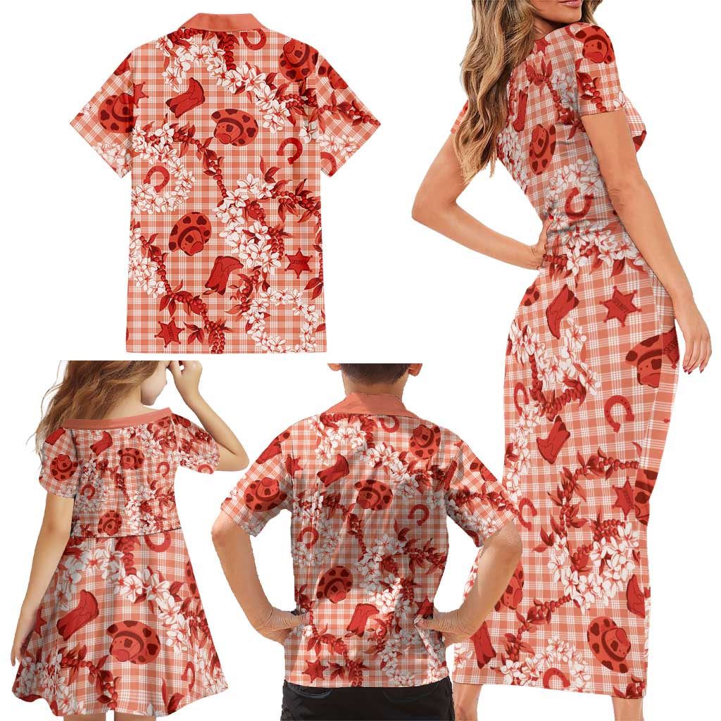 Mokihana Maile Ilima Leis Paniolo Palaka Family Matching Short Sleeve Bodycon Dress and Hawaiian Shirt Hawaiian Ulaula Spirit LT9 - Polynesian Pride
