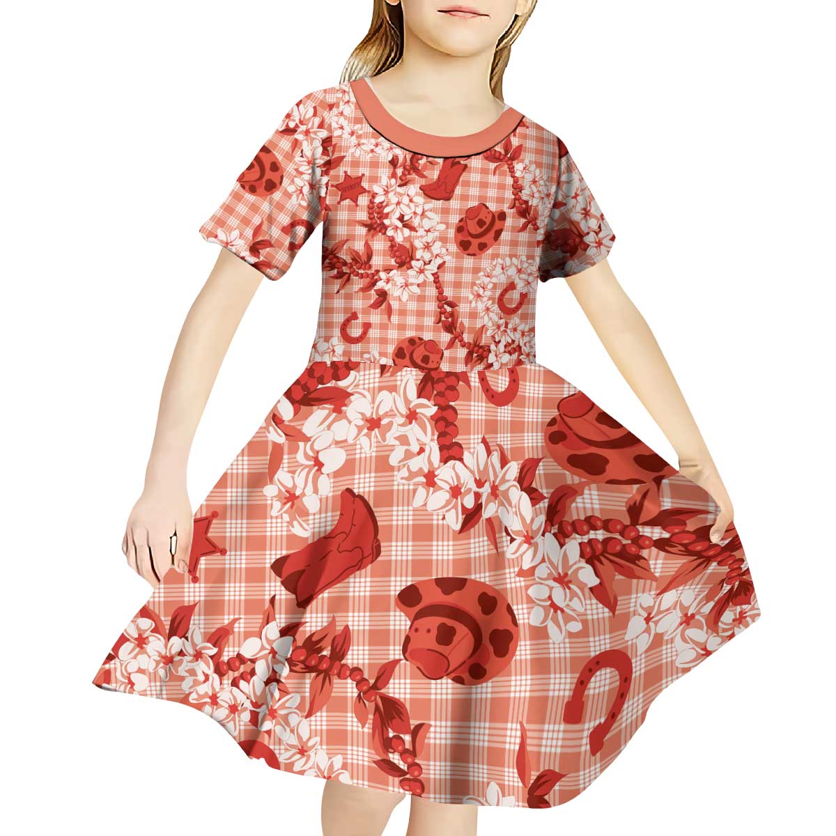 Mokihana Maile Ilima Leis Paniolo Palaka Kid Short Sleeve Dress Hawaiian Ulaula Spirit LT9 - Polynesian Pride