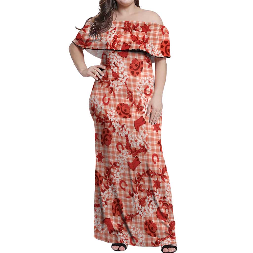 Mokihana Maile Ilima Leis Paniolo Palaka Off Shoulder Maxi Dress Hawaiian Ulaula Spirit LT9 Women Red - Polynesian Pride