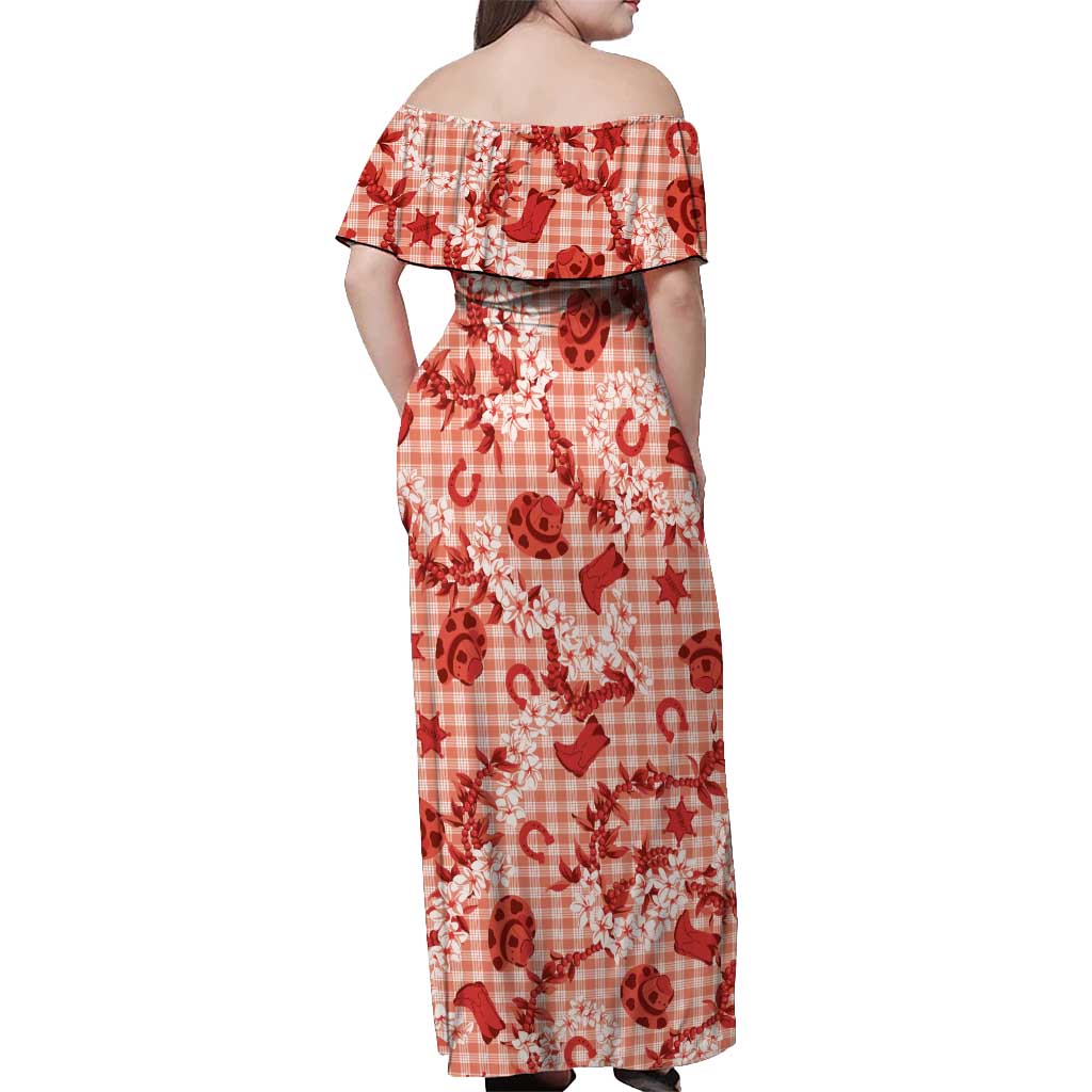 Mokihana Maile Ilima Leis Paniolo Palaka Off Shoulder Maxi Dress Hawaiian Ulaula Spirit LT9 - Polynesian Pride