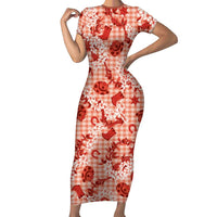 Mokihana Maile Ilima Leis Paniolo Palaka Short Sleeve Bodycon Dress Hawaiian Ulaula Spirit LT9 Long Dress Red - Polynesian Pride