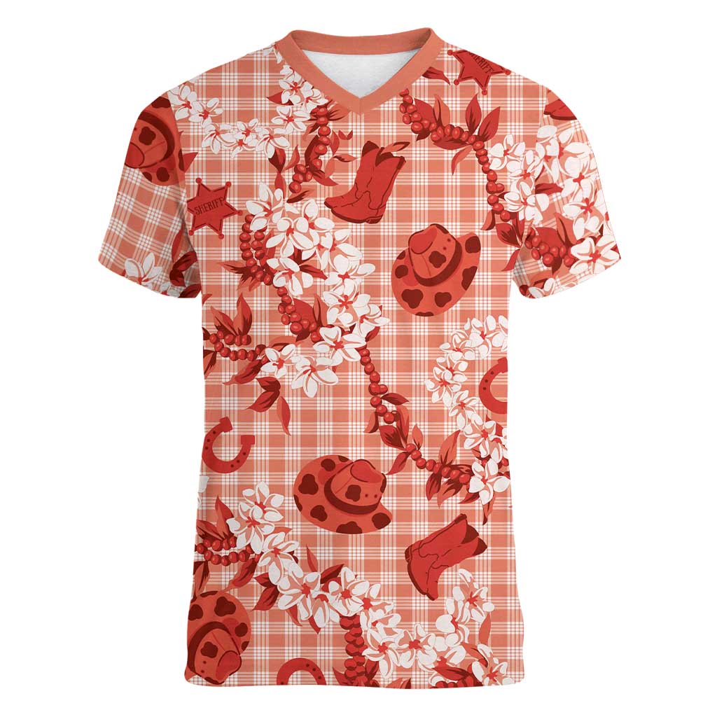 Mokihana Maile Ilima Leis Paniolo Palaka Women V-Neck T-Shirt Hawaiian Ulaula Spirit LT9 Female Red - Polynesian Pride