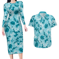 Mokihana Maile Ilima Leis Paniolo Palaka Couples Matching Long Sleeve Bodycon Dress and Hawaiian Shirt Hawaiian Polu Opa Spirit LT9 Turquoise - Polynesian Pride