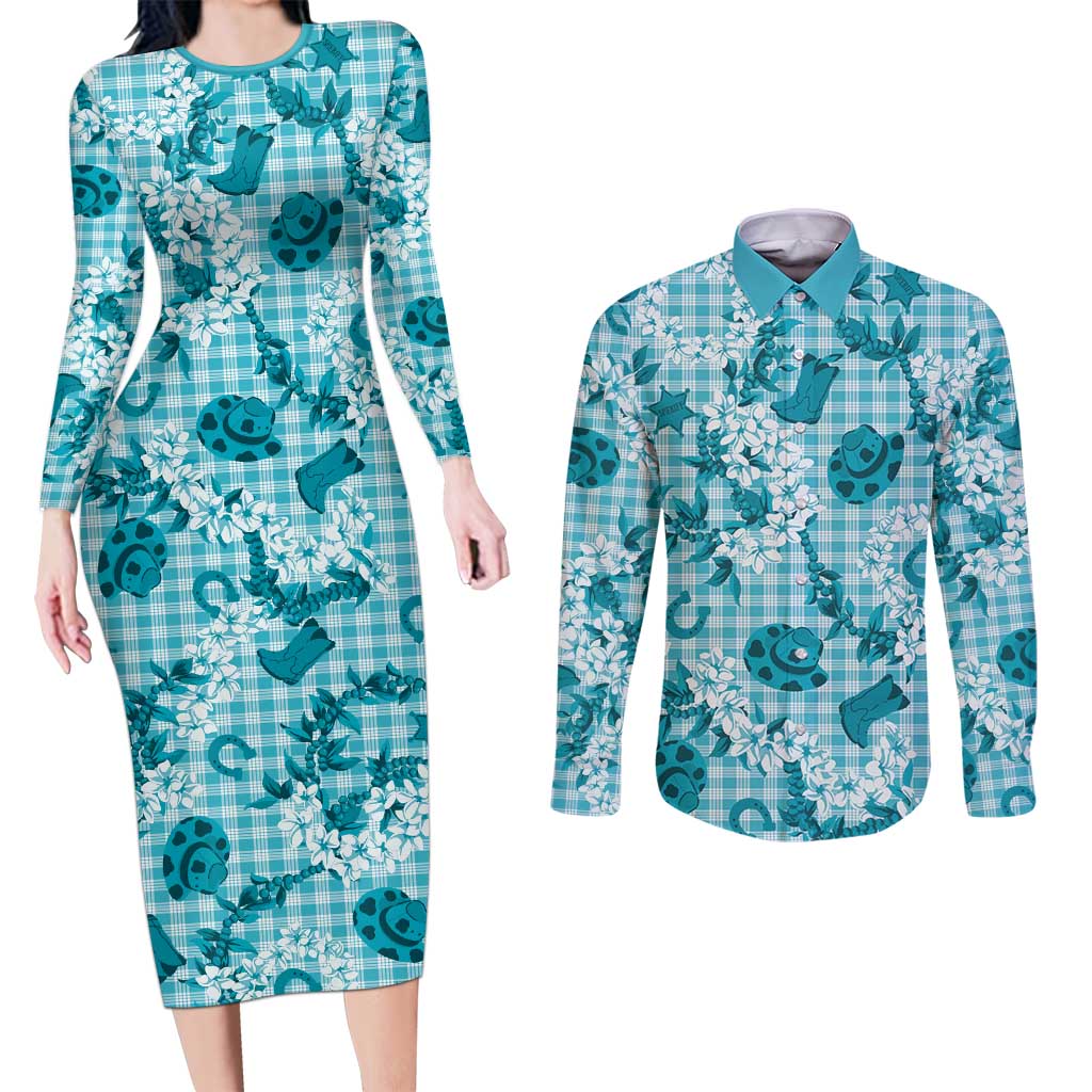 Mokihana Maile Ilima Leis Paniolo Palaka Couples Matching Long Sleeve Bodycon Dress and Long Sleeve Button Shirt Hawaiian Polu Opa Spirit LT9 Turquoise - Polynesian Pride