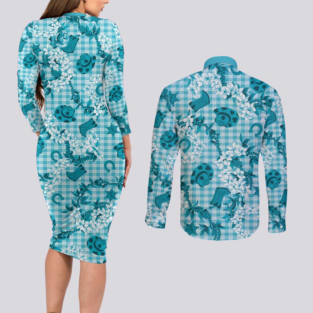 Mokihana Maile Ilima Leis Paniolo Palaka Couples Matching Long Sleeve Bodycon Dress and Long Sleeve Button Shirt Hawaiian Polu Opa Spirit LT9 - Polynesian Pride
