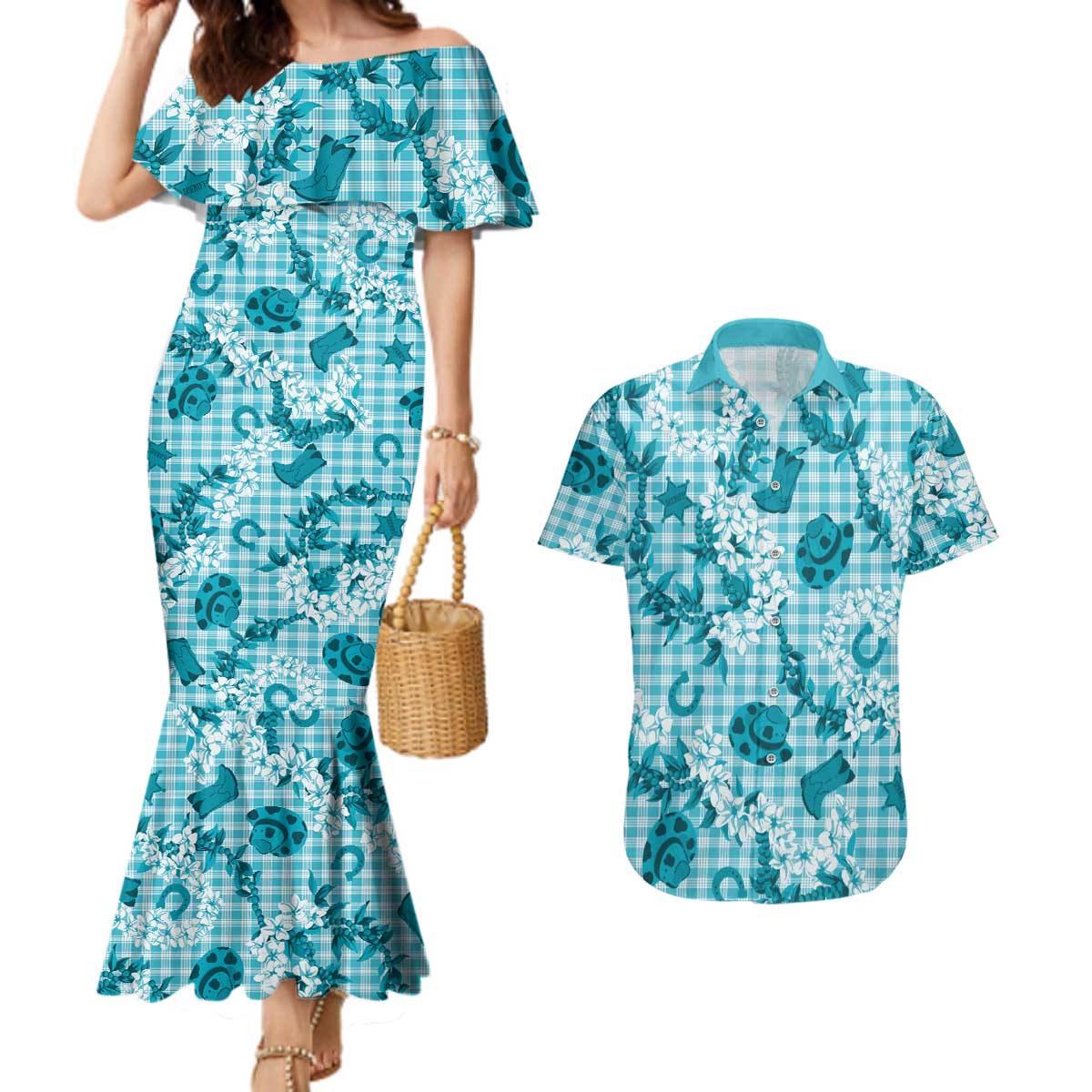 Mokihana Maile Ilima Leis Paniolo Palaka Couples Matching Mermaid Dress and Hawaiian Shirt Hawaiian Polu Opa Spirit - Polynesian Pride