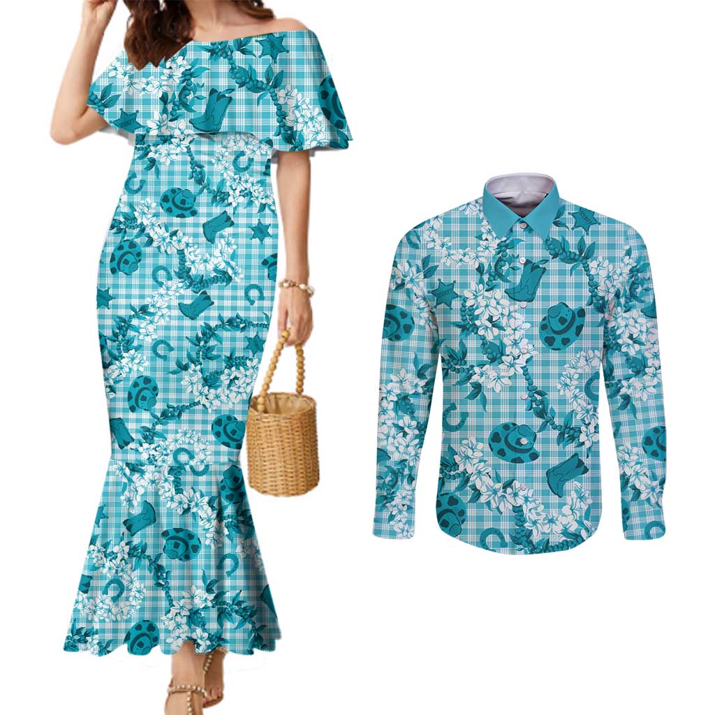 Mokihana Maile Ilima Leis Paniolo Palaka Couples Matching Mermaid Dress and Long Sleeve Button Shirt Hawaiian Polu Opa Spirit - Polynesian Pride