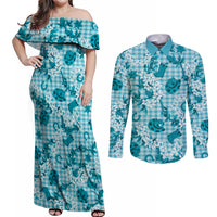 Mokihana Maile Ilima Leis Paniolo Palaka Couples Matching Off Shoulder Maxi Dress and Long Sleeve Button Shirt Hawaiian Polu Opa Spirit LT9 Turquoise - Polynesian Pride