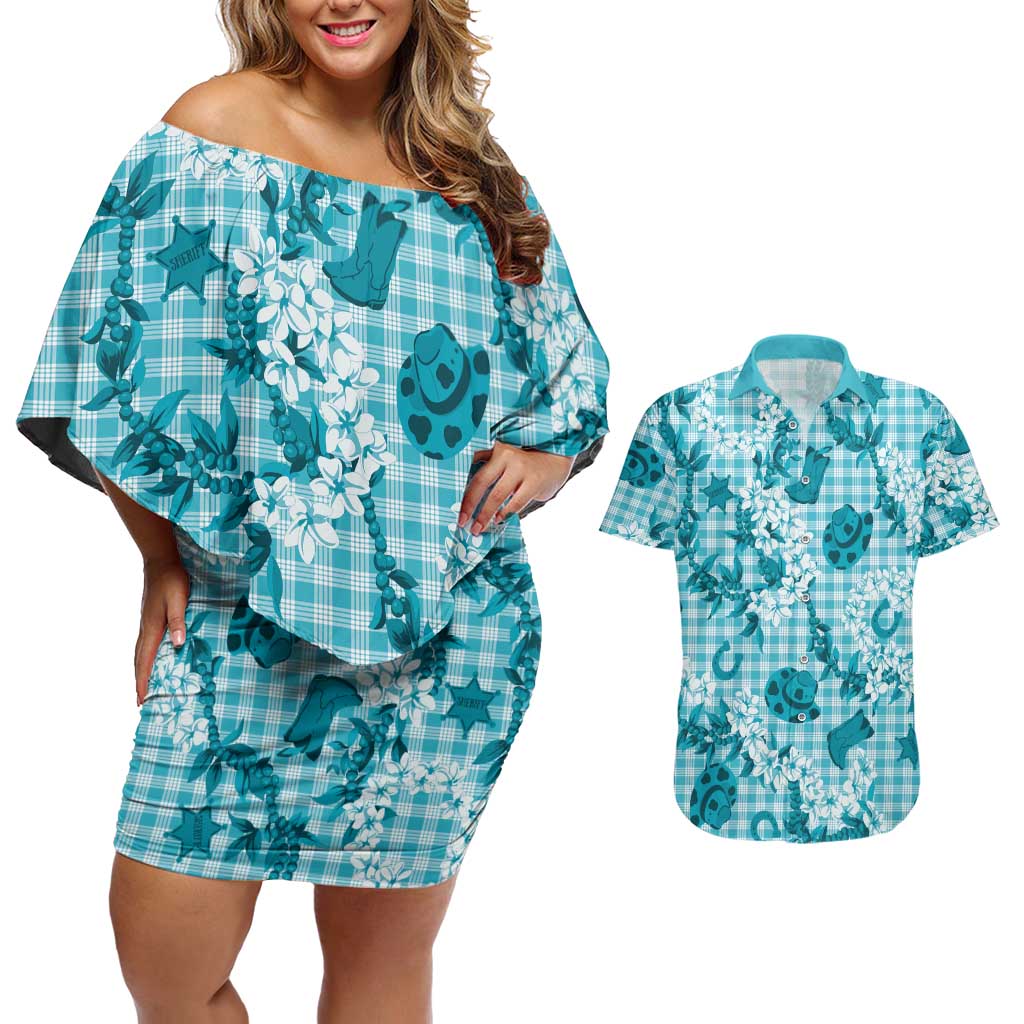 Mokihana Maile Ilima Leis Paniolo Palaka Couples Matching Off Shoulder Short Dress and Hawaiian Shirt Hawaiian Polu Opa Spirit LT9 Turquoise - Polynesian Pride