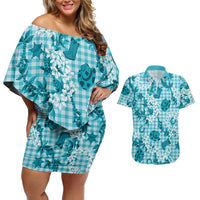 Mokihana Maile Ilima Leis Paniolo Palaka Couples Matching Off Shoulder Short Dress and Hawaiian Shirt Hawaiian Polu Opa Spirit LT9 Turquoise - Polynesian Pride