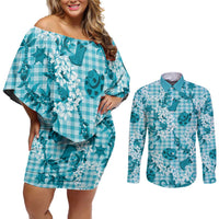 Mokihana Maile Ilima Leis Paniolo Palaka Couples Matching Off Shoulder Short Dress and Long Sleeve Button Shirt Hawaiian Polu Opa Spirit LT9 Turquoise - Polynesian Pride