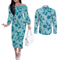 Mokihana Maile Ilima Leis Paniolo Palaka Couples Matching Off The Shoulder Long Sleeve Dress and Long Sleeve Button Shirt Hawaiian Polu Opa Spirit LT9 Turquoise - Polynesian Pride