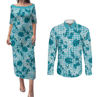 Mokihana Maile Ilima Leis Paniolo Palaka Couples Matching Puletasi and Long Sleeve Button Shirt Hawaiian Polu Opa Spirit LT9 Turquoise - Polynesian Pride