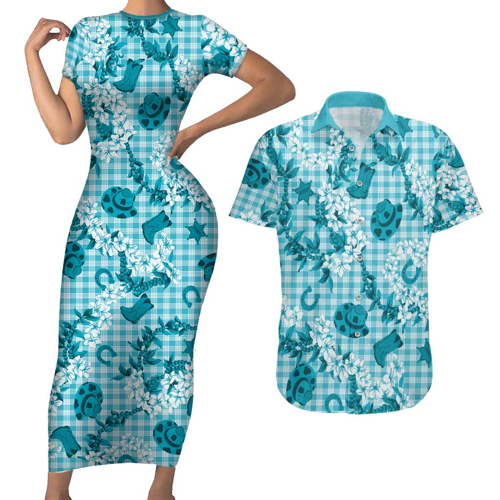 Mokihana Maile Ilima Leis Paniolo Palaka Couples Matching Short Sleeve Bodycon Dress and Hawaiian Shirt Hawaiian Polu Opa Spirit - Polynesian Pride