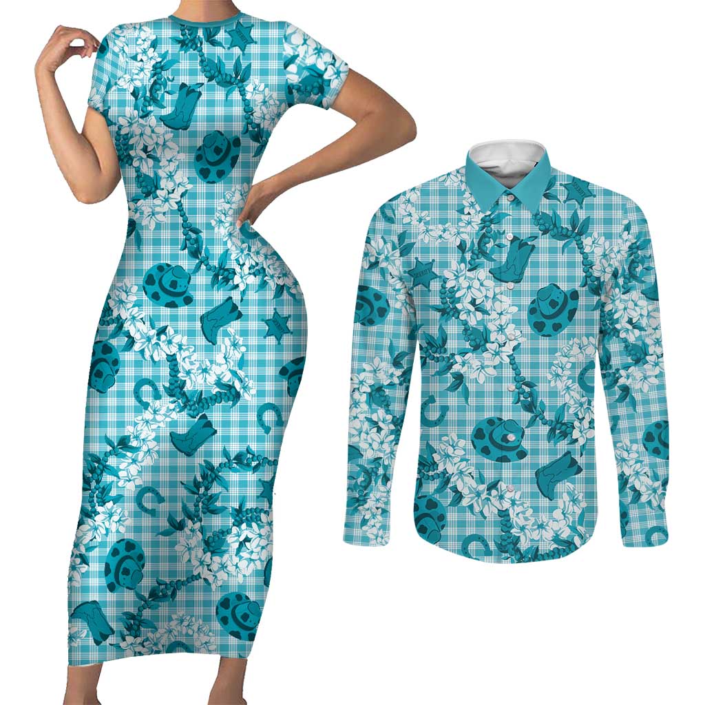 Mokihana Maile Ilima Leis Paniolo Palaka Couples Matching Short Sleeve Bodycon Dress and Long Sleeve Button Shirt Hawaiian Polu Opa Spirit - Polynesian Pride