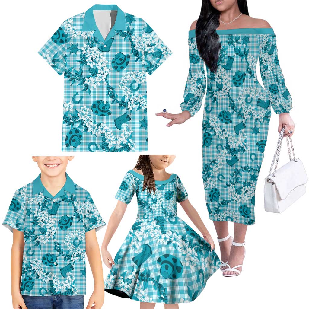 Mokihana Maile Ilima Leis Paniolo Palaka Family Matching Off The Shoulder Long Sleeve Dress and Hawaiian Shirt Hawaiian Polu Opa Spirit LT9 - Polynesian Pride