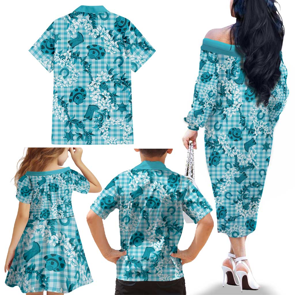 Mokihana Maile Ilima Leis Paniolo Palaka Family Matching Off The Shoulder Long Sleeve Dress and Hawaiian Shirt Hawaiian Polu Opa Spirit LT9 - Polynesian Pride