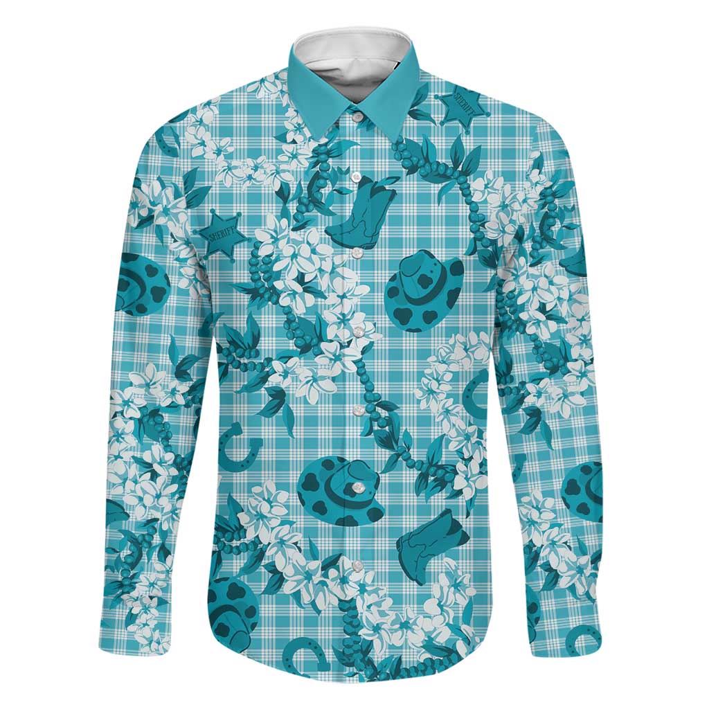 Mokihana Maile Ilima Leis Paniolo Palaka Family Matching Off Shoulder Maxi Dress and Hawaiian Shirt Hawaiian Polu Opa Spirit LT9 Dad's Shirt - Long Sleeve Turquoise - Polynesian Pride