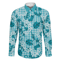 Mokihana Maile Ilima Leis Paniolo Palaka Family Matching Off Shoulder Short Dress and Hawaiian Shirt Hawaiian Polu Opa Spirit LT9 Dad's Shirt - Long Sleeve Turquoise - Polynesian Pride