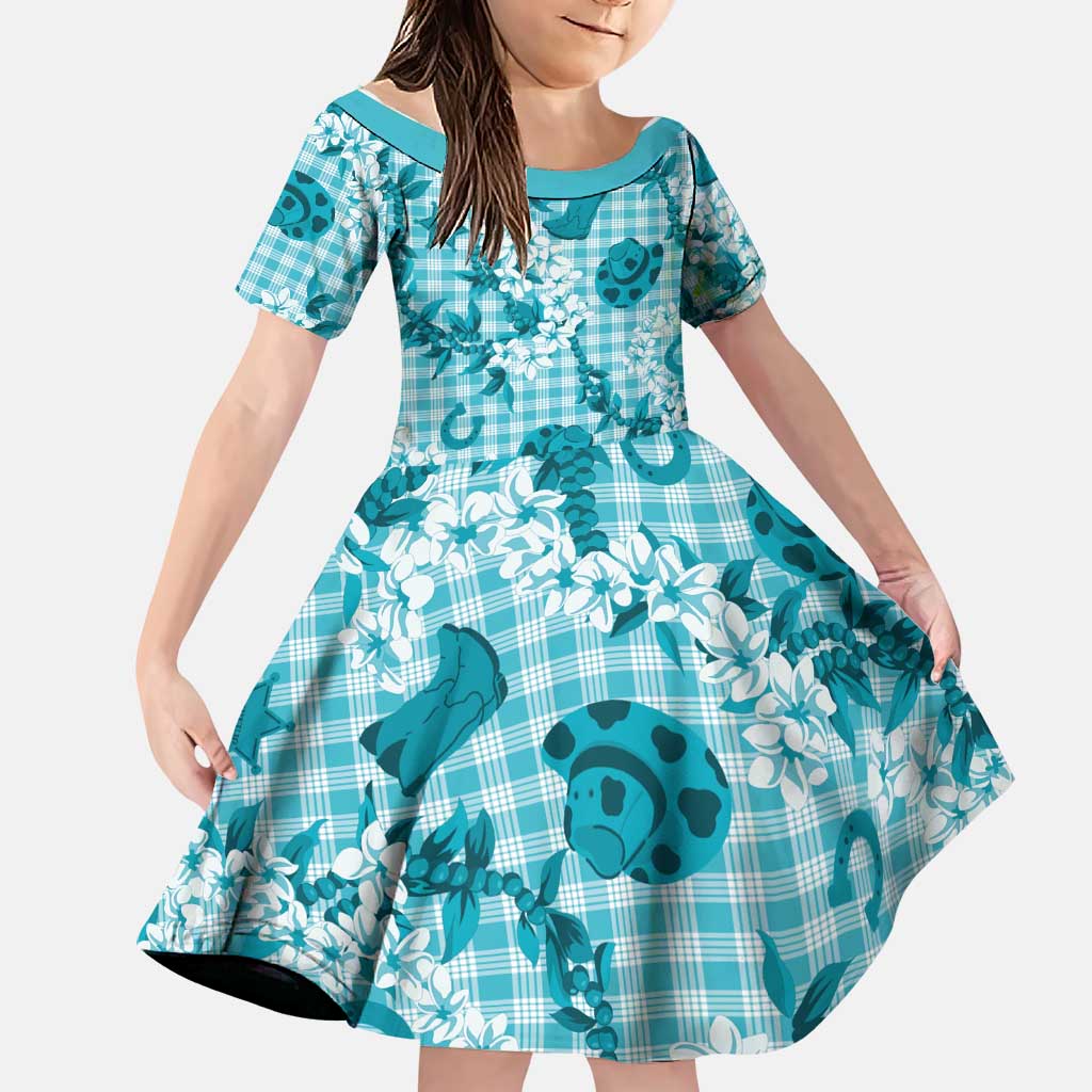 Mokihana Maile Ilima Leis Paniolo Palaka Family Matching Short Sleeve Bodycon Dress and Hawaiian Shirt Hawaiian Polu Opa Spirit LT9 Daughter's Dress Turquoise - Polynesian Pride