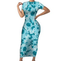 Mokihana Maile Ilima Leis Paniolo Palaka Family Matching Short Sleeve Bodycon Dress and Hawaiian Shirt Hawaiian Polu Opa Spirit LT9 Turquoise - Polynesian Pride