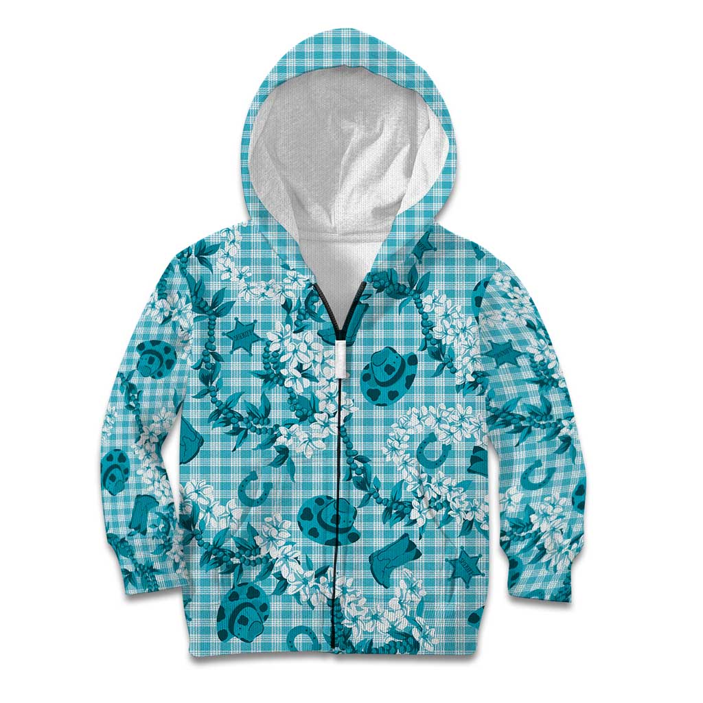 Mokihana Maile Ilima Leis Paniolo Palaka Kid Hoodie Hawaiian Polu Opa Spirit LT9 Zip Hoodie Turquoise - Polynesian Pride