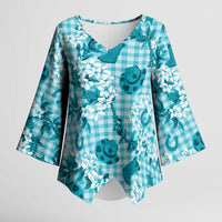 Mokihana Maile Ilima Leis Paniolo Palaka Kimono Sleeve Blouse Hawaiian Polu Opa Spirit LT9 Female Turquoise - Polynesian Pride